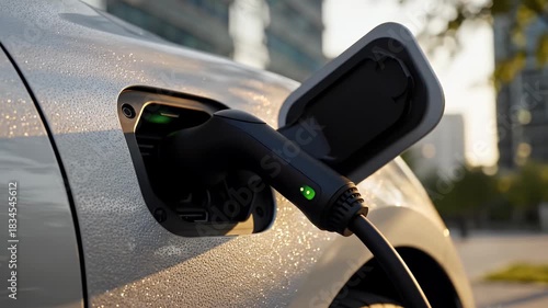 Electric Vehicle Charging at Sunset in a Modern Urban Setting with Green Power Connection