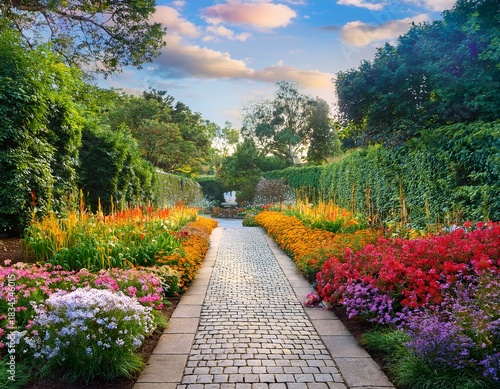 a colorful garden pathway surrounded by vibrant flowers and lush greenery creating a serene outdoor escape