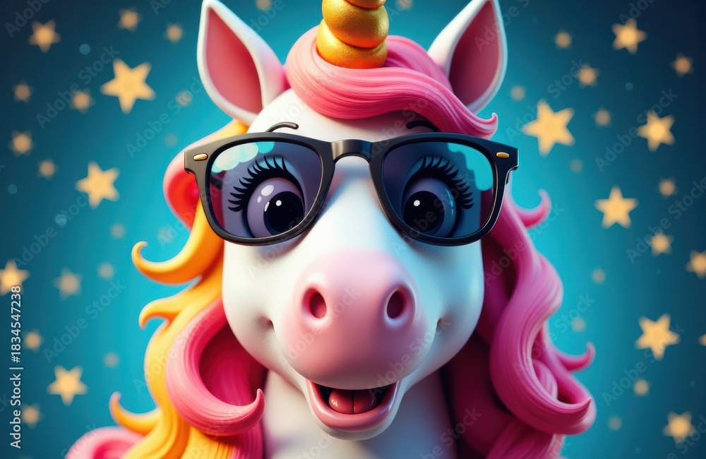 Fototapeta premium Playful unicorn wearing glasses smiles against a bright starry blue backdrop