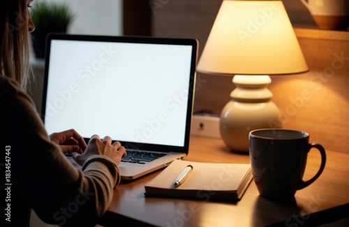 Wallpaper Mural Woman typing on a laptop at a cozy desk with warm lamp light and mug nearby Torontodigital.ca