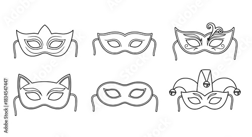 Collection of stylized carnival masks in outline form