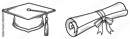 Graduation Cap And Diploma Scroll Vector Illustration Hand Drawn Academic Mortarboard With Tassel And Certificate With Ribbon