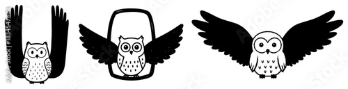 Cute owl vector illustrations set featuring flying bird with spread wings and sitting mascot poses in black and white