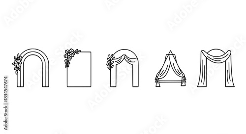Collection of wedding arch decorations in outline style