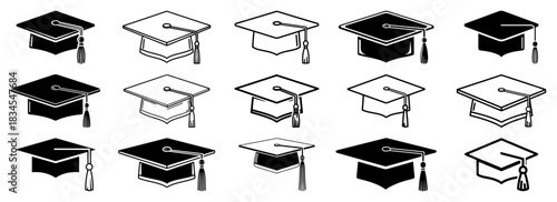 Set Of Graduation Cap Icons Vector Illustration Collection Of Academic Mortarboards And University Hats For Ceremony Design