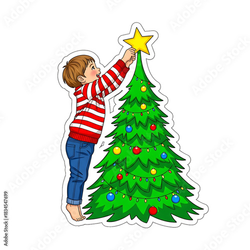 A child standing on tiptoe placing a star on a Christmas tree.
