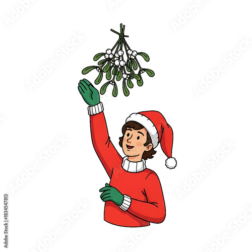 A person reaching up to hang mistletoe during the holidays.
