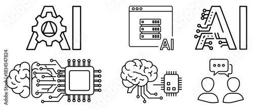 Artificial intelligence line icons set featuring brain circuits computer chips and machine learning technology symbols