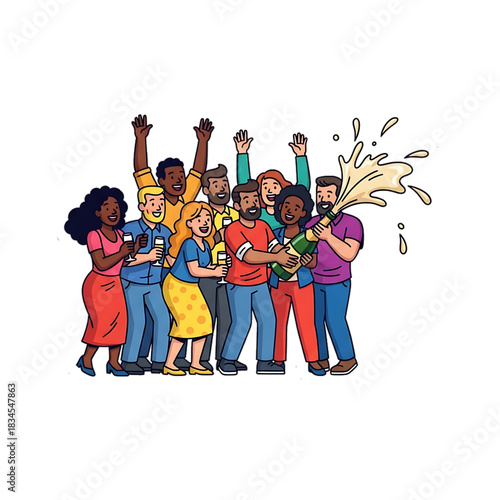 A group of joyful people cheering and celebrating together.