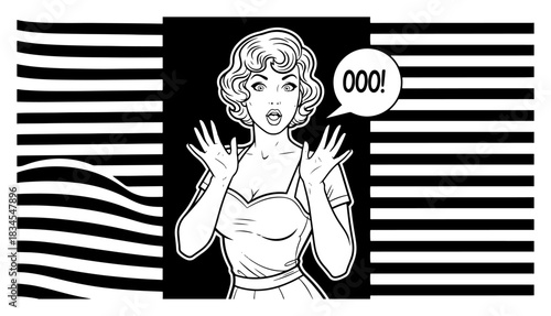 Shocked Pop Art Woman With Hands Up Vector Illustration Retro Comic Style Lady Screaming Ooo On Wavy Striped Background
