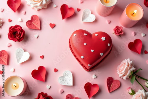 Pink Romantic Dessert Scene. Valentine Heart Sweet Setting. Cozy Floral Dessert Composition.