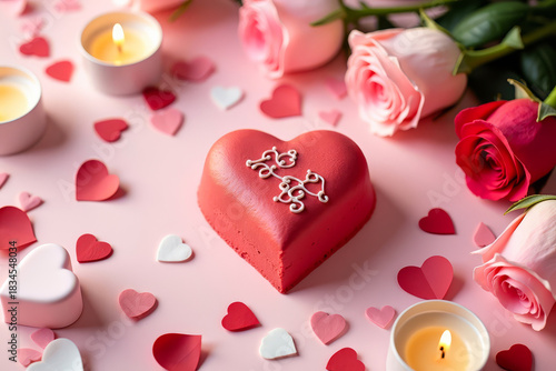 Romantic Heart Dessert Scene. Pink Valentine Sweet Setting. Cozy Love Dessert Composition.