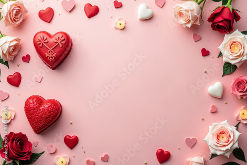 Romantic Heart Dessert Frame. Pink Love Dessert Border. Valentine Sweet Layout With Text Space.