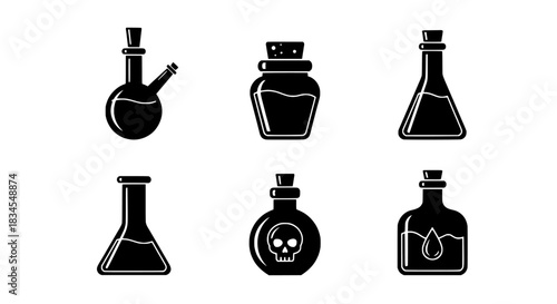Assortment of Black Potion Bottles and Flasks