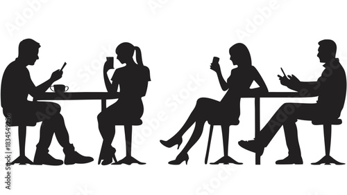 Silhouetted people at tables using phones and drinking in a cafe setting on a white background scene