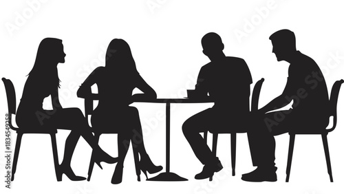 Silhouette of four people sitting around a table in discussion and social interaction with each other
