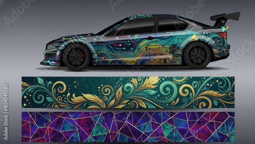 Custom car wrap design with abstract geometric shapes in vibrant colors.