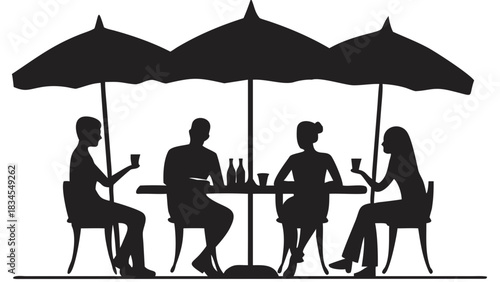 Silhouette of people dining at an outdoor cafe under umbrellas with drinks and bottles on the table