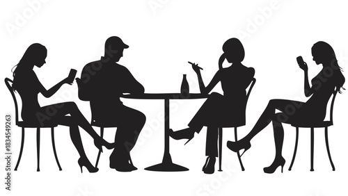 Silhouettes of four people sitting at a table with phones and a bottle in a cafe setting depicted
