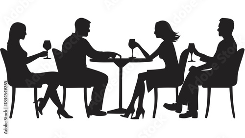 Silhouette of four people sitting at tables and drinking wine in a restaurant setting illustration