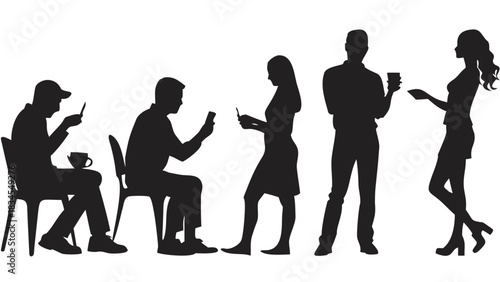 Silhouette of people using phones and holding drinks in various poses against a white background scene