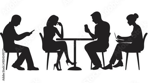 Silhouettes of four people sitting at tables using technology in a cafe or public space scene