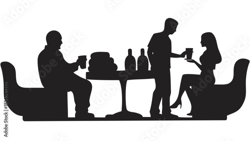 Silhouette of people relaxing at a spa with a waiter serving drinks near a table with towels and bottles