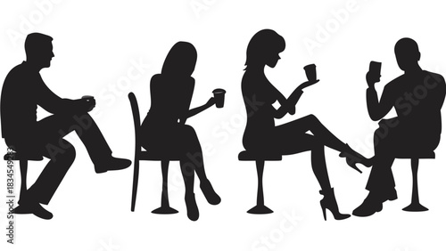 Silhouettes of four people seated on chairs holding cups and a phone in a minimalist black and white scene