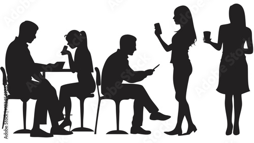 Silhouettes of people in a cafe setting with some using phones and others eating and drinking at tables