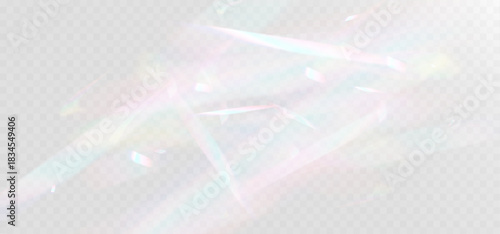 Soft iridescent light reflections with pastel rainbow highlights on a transparent background, creating a delicate holographic glow and abstract shimmering texture.
