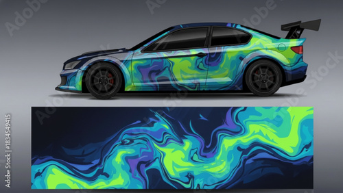Custom car wrap design with abstract geometric shapes in vibrant colors.