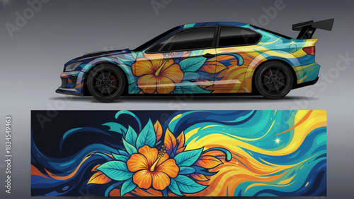 Custom car wrap design with abstract geometric shapes in vibrant colors.