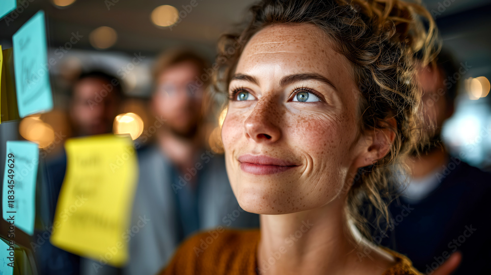 Naklejka premium A smiling woman with freckles contemplates ideas written on sticky notes, with colleagues blurred in the background, focused on innovation.