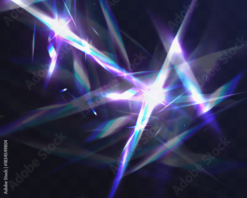 Abstract crystalline light burst with sharp neon beams in blue, purple, and white tones, creating a futuristic shimmering effect on a dark transparent background.
