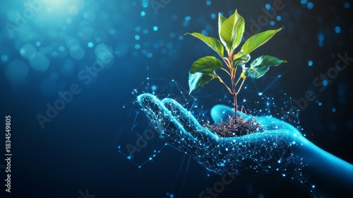 Digital hand holding vibrant green plant symbolizing growth and innovation in the age of technology and sustainability for eco friendly business