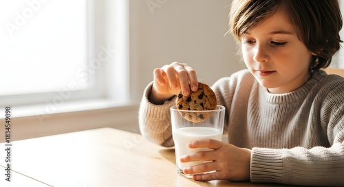 Cute young boy dipping a chocolate chip cookie into a glass of milk at a sunlit kitchen table for childhood snack time concept and simple joy
