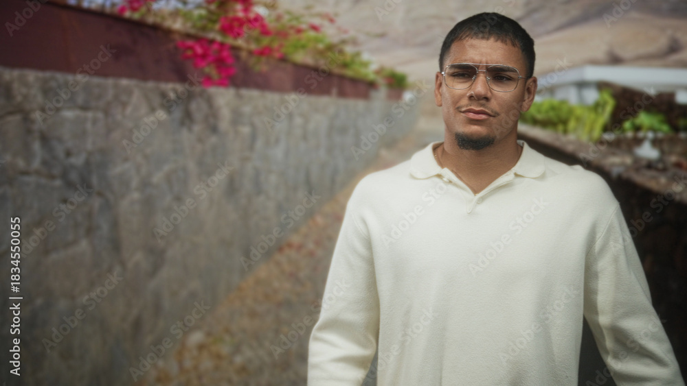 Obraz premium Man wearing glasses stands with hands at sides on a stone street beside a planter and wall, looking slightly to the right; contemplation.