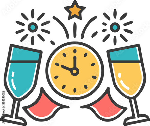 New Year's Day Celebration with Champagne and Fireworks