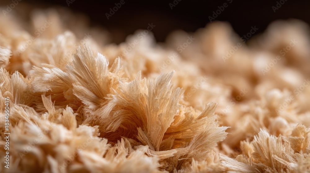 Naklejka premium Natural wood shavings texture close-up, showcasing delicate fibers and organic patterns in warm tones, ideal for design and craft projects, background use, and art