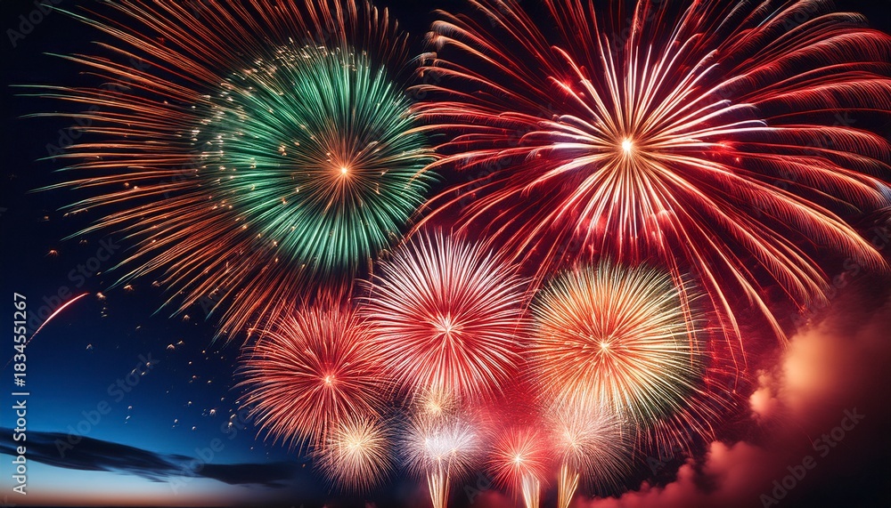Fototapeta premium vibrant fireworks display illuminating the night sky with red green and gold bursts