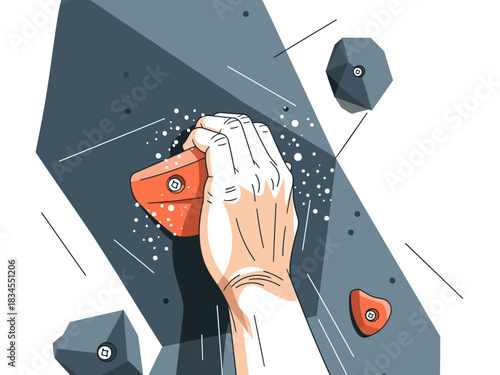 A hand grips a climbing hold on a textured rock wall. Focus on grip and climb action. Modern, graphic illustration style. Clean, bold design.