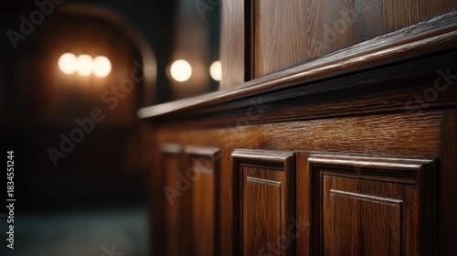 Close-up of polished wooden panels highlighting intricate grain patterns and textures in a vintage interior setting with soft ambient lighting