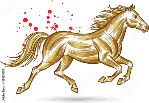 A majestic golden horse gallops across a vibrant background, symbolizing wealth and prosperity.  Bold, stylized illustration ? perfect for financial, luxury, or auspicious themes.