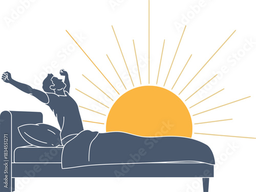 A man wakes up in bed, stretching towards a rising sun. A vibrant, energetic image promoting a fresh start and achieving goals. Modern, minimalist style.