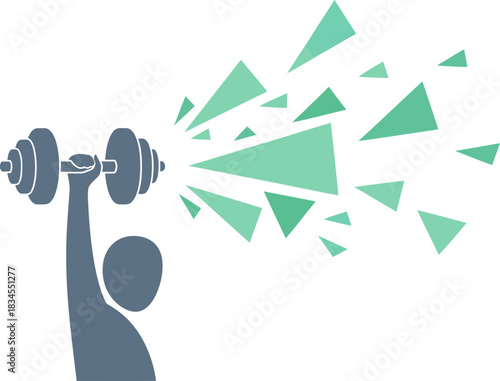 A muscular man lifts weights, shattering geometric shapes. Dynamic action, conveying strength and determination. Bold teal and gray color scheme. Suitable for fitness, motivation, and health themes.