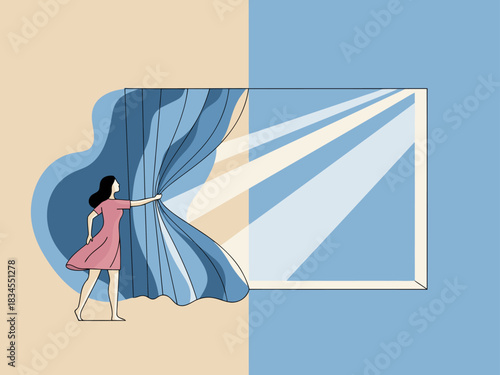 A woman dramatically pulls back a curtain revealing a bright, rising sun. This illustration symbolizes new beginnings and optimism. Modern, graphic style.
