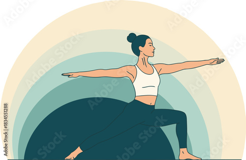 A woman in a warrior pose balances gracefully against a sunrise backdrop. She embodies serenity and strength. Ideal for wellness, fitness, and balance themes.
