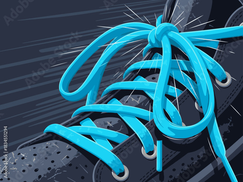 Secure the win! Vibrant blue shoelaces are tightly knotted on a black sneaker. Dynamic, energetic, and visually striking ? perfect for sports, fitness, or lifestyle branding.