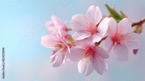 Delicate Cherry Blossom Branch with Soft Pink Flowers Against a Serene Light Blue Background, Evoking Spring's Beauty and Natural Elegance
