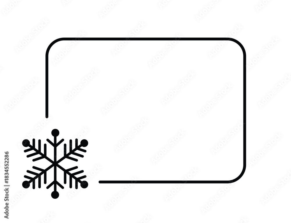 Obraz premium Minimal winter frame with black rounded rectangle border and geometric snowflake icon on white background, clean seasonal template for holiday greeting cards, invitations, social media and modern